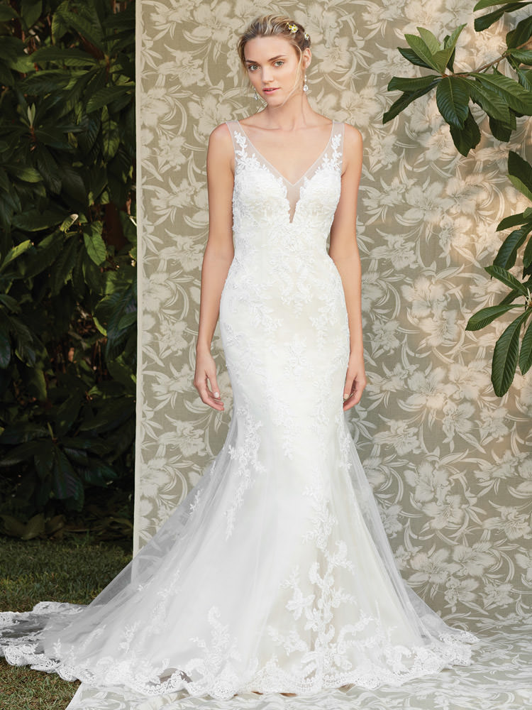 casablanca fit and flare wedding dress
