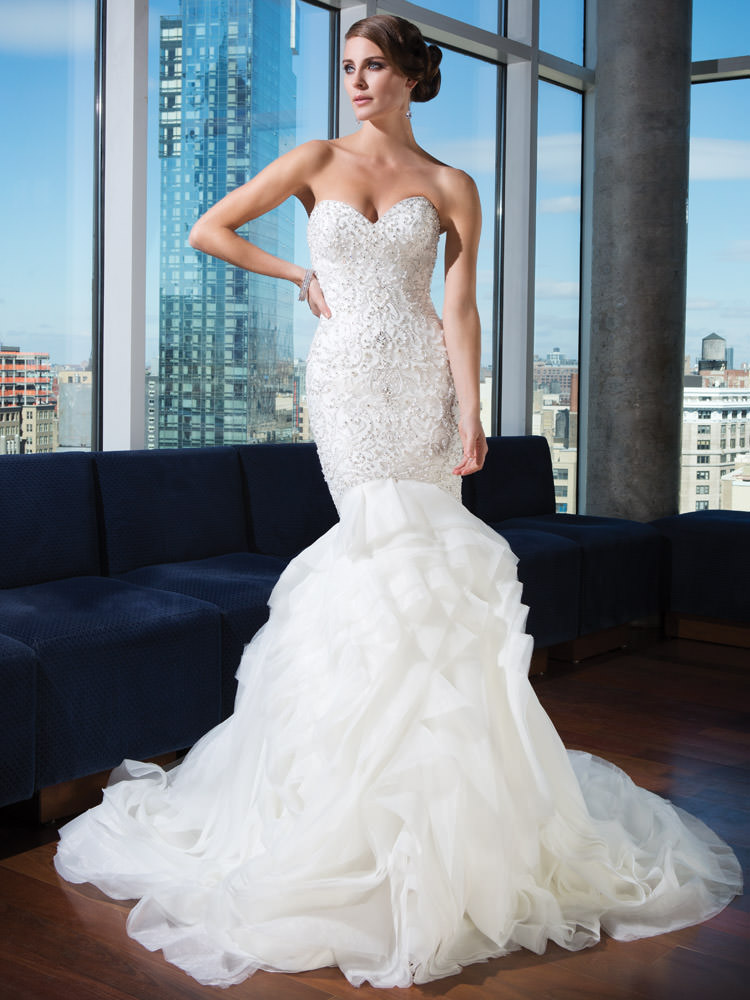 Elegant Mermaid White Ivory Organza Ruffles Ruching Wedding Dresses Bridal Gowns 