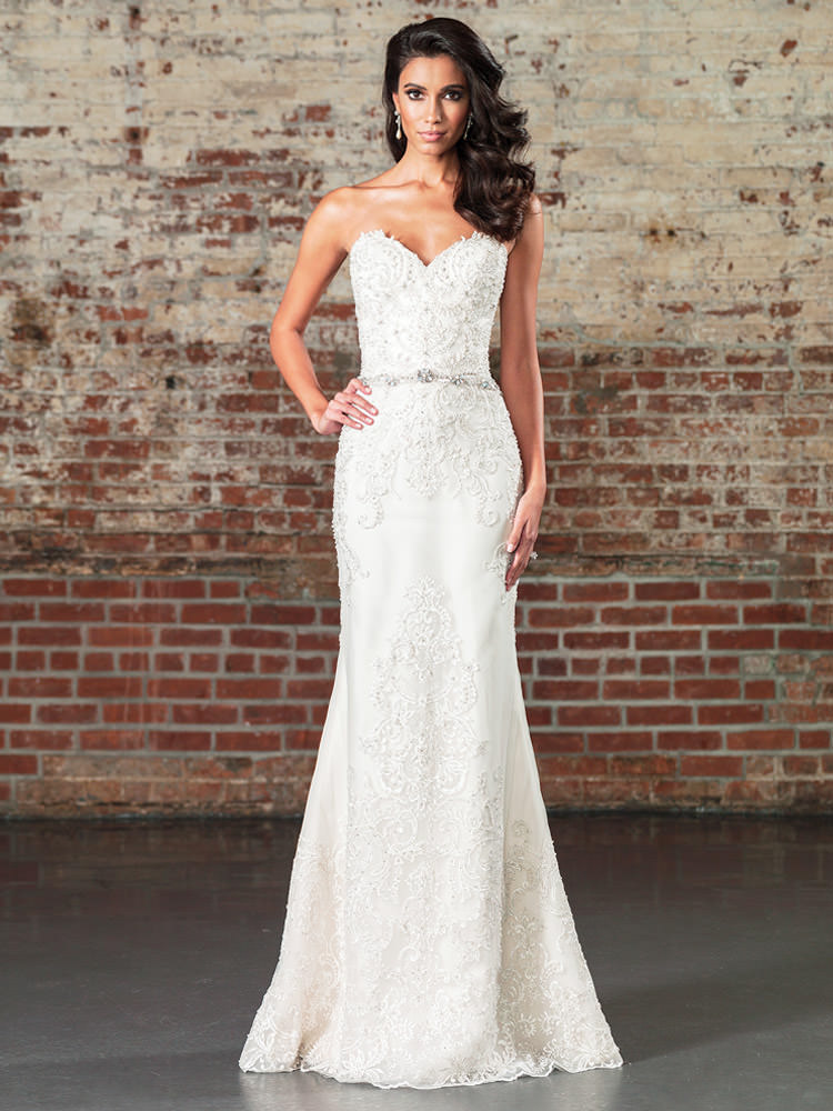 Straight Beaded Lace Wedding Gown with 